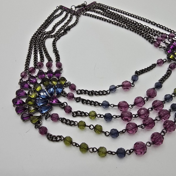 Whimsigoth‎ Statement Necklace Gunmetal Rhinestones Peacock Fashion Jewelry - Picture 3 of 12